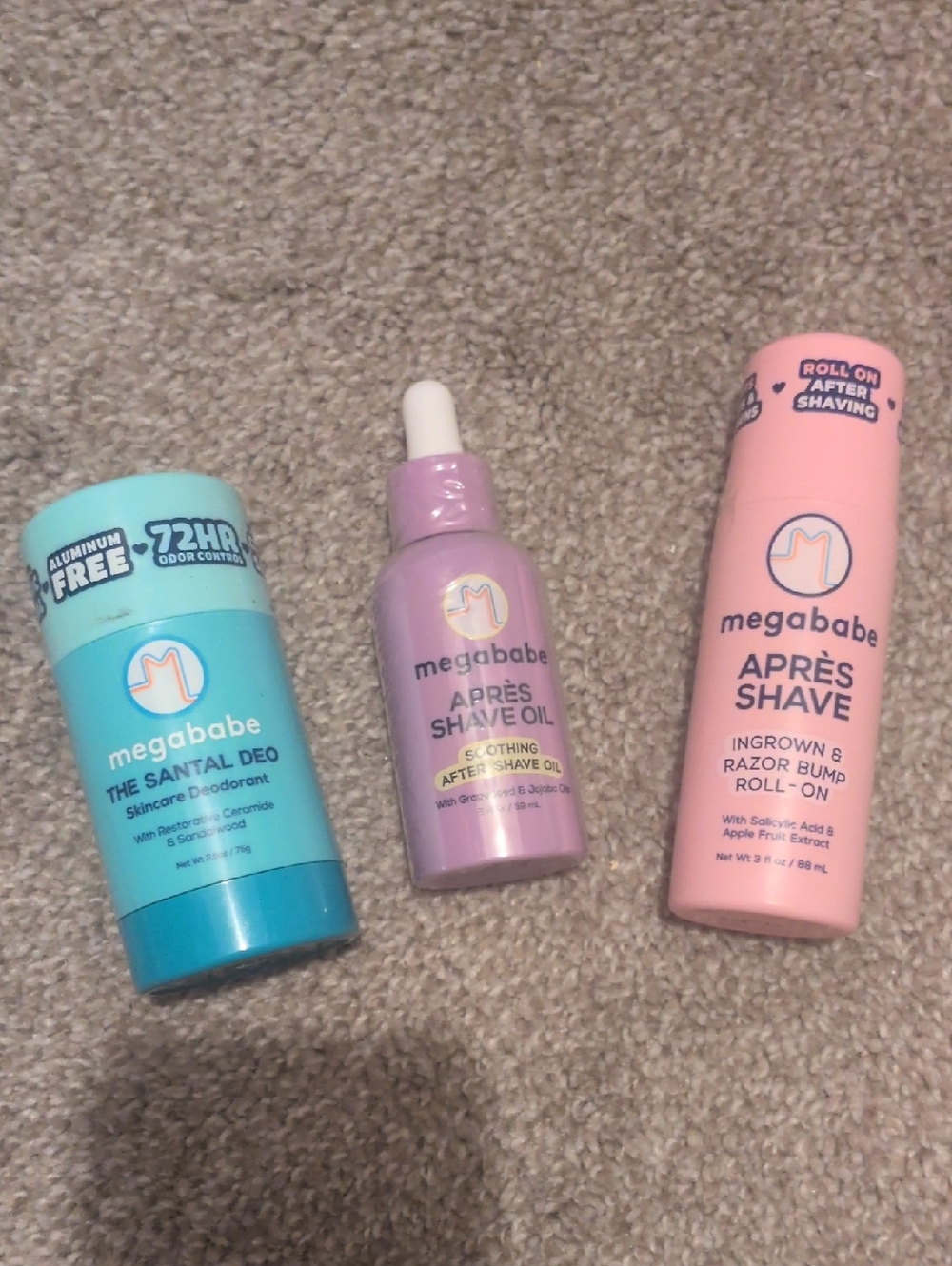 Megababe Set Feat The Sandal Deodorant Apres Shave Oil And Ingrown Hair Roll On